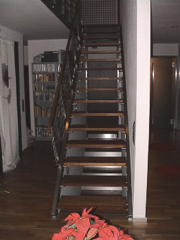 Treppenanlage, Pfosten aus Doppelflacheisen mit 6 querverlaufenden Stäben d= 12mm und aufgesetztem Holzhandlauf.